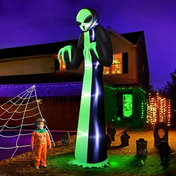 🆕Halloween 6 ft Green Alien Outdoor Decoration Blow Grim Reaper Alien LED Light - Picture 1 of 6